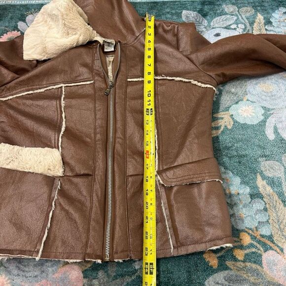Wet Seal Jacket Y2K Vintage Medium Brown Faux Leather Fur Lined Full Zip Collar - Picture 10 of 11
